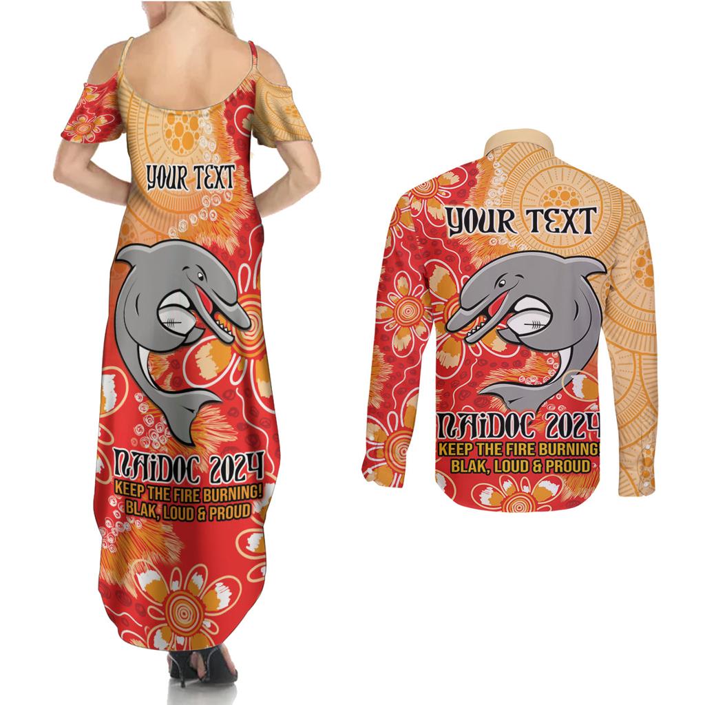 Personalised Dolphins NAIDOC Week 2024 Couples Matching Summer Maxi Dress and Long Sleeve Button Shirt Aboriginal Fire Burning Sparks