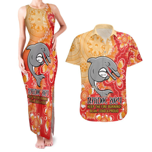Personalised Dolphins NAIDOC Week 2024 Couples Matching Tank Maxi Dress and Hawaiian Shirt Aboriginal Fire Burning Sparks