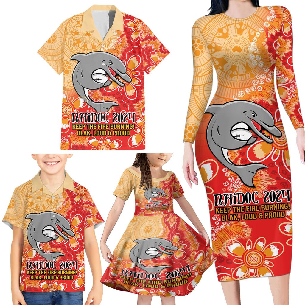Personalised Dolphins NAIDOC Week 2024 Family Matching Long Sleeve Bodycon Dress and Hawaiian Shirt Aboriginal Fire Burning Sparks