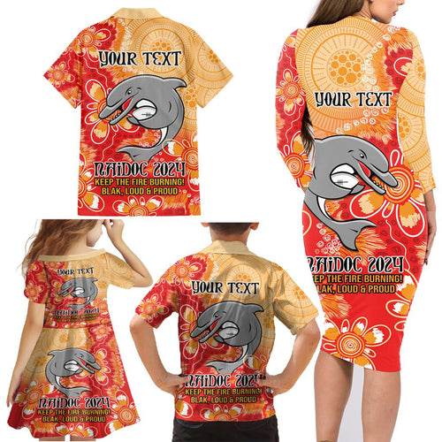 Personalised Dolphins NAIDOC Week 2024 Family Matching Long Sleeve Bodycon Dress and Hawaiian Shirt Aboriginal Fire Burning Sparks