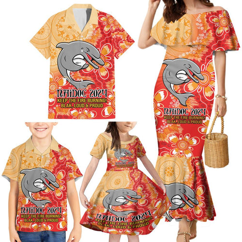 Personalised Dolphins NAIDOC Week 2024 Family Matching Mermaid Dress and Hawaiian Shirt Aboriginal Fire Burning Sparks