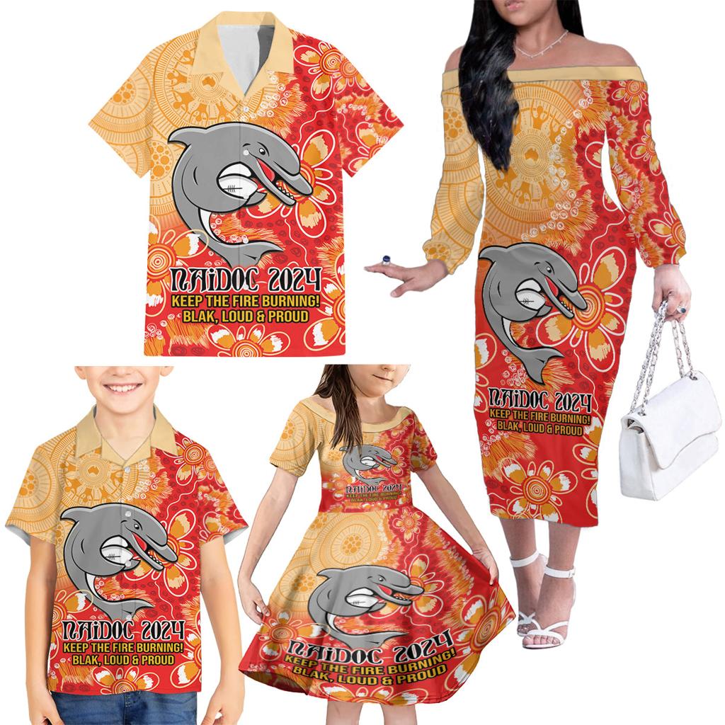 Personalised Dolphins NAIDOC Week 2024 Family Matching Off The Shoulder Long Sleeve Dress and Hawaiian Shirt Aboriginal Fire Burning Sparks
