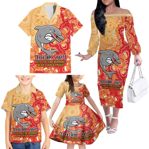Personalised Dolphins NAIDOC Week 2024 Family Matching Off The Shoulder Long Sleeve Dress and Hawaiian Shirt Aboriginal Fire Burning Sparks