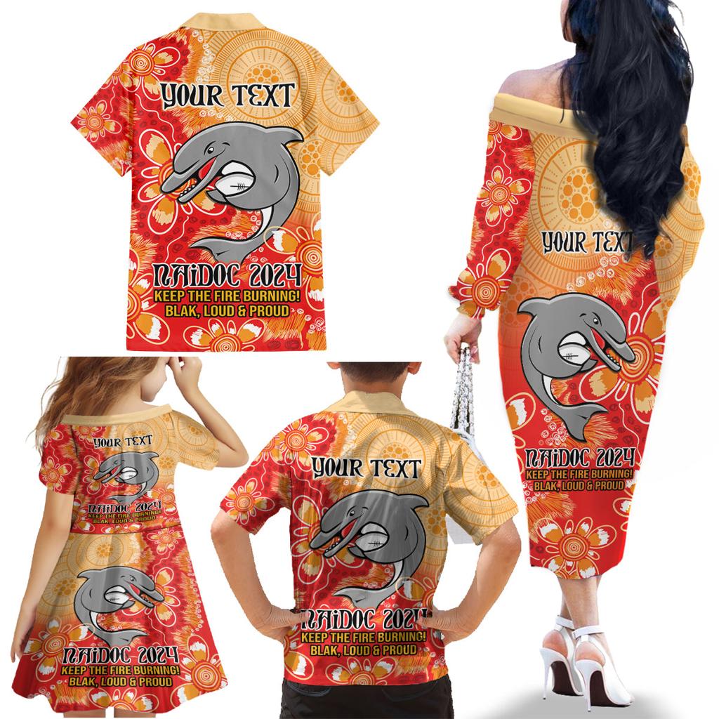 Personalised Dolphins NAIDOC Week 2024 Family Matching Off The Shoulder Long Sleeve Dress and Hawaiian Shirt Aboriginal Fire Burning Sparks