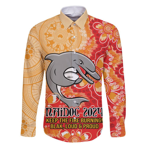 Personalised Dolphins NAIDOC Week 2024 Family Matching Off The Shoulder Long Sleeve Dress and Hawaiian Shirt Aboriginal Fire Burning Sparks
