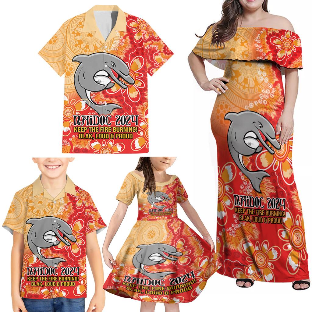 Personalised Dolphins NAIDOC Week 2024 Family Matching Off Shoulder Maxi Dress and Hawaiian Shirt Aboriginal Fire Burning Sparks