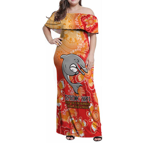 Personalised Dolphins NAIDOC Week 2024 Family Matching Off Shoulder Maxi Dress and Hawaiian Shirt Aboriginal Fire Burning Sparks