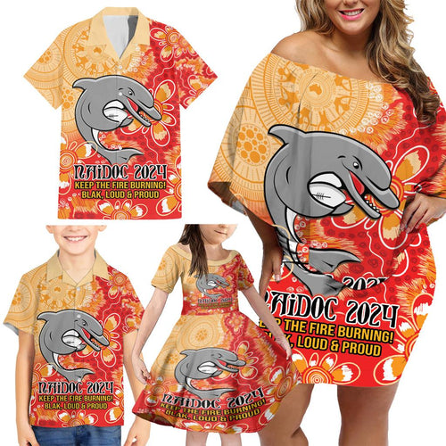 Personalised Dolphins NAIDOC Week 2024 Family Matching Off Shoulder Short Dress and Hawaiian Shirt Aboriginal Fire Burning Sparks