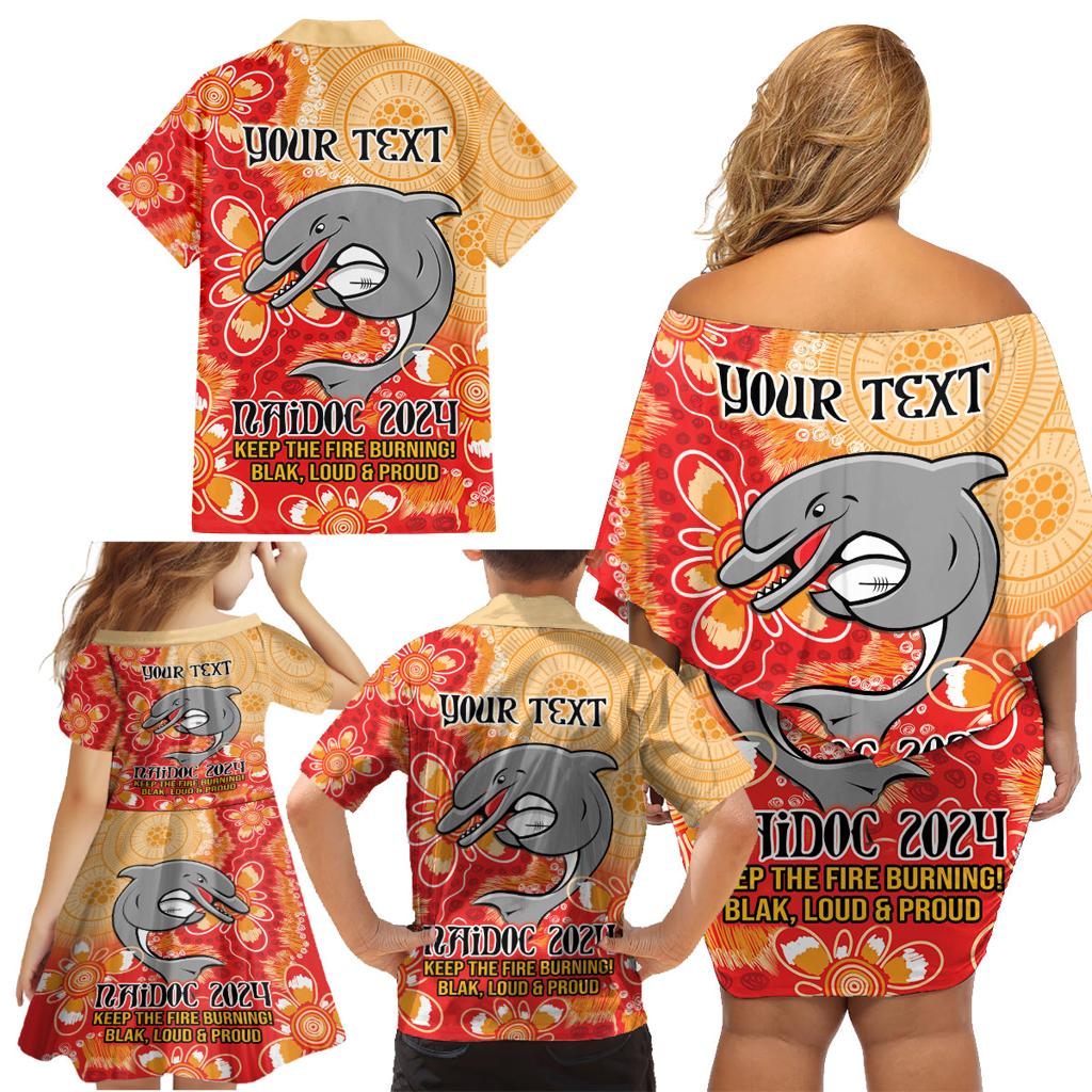 Personalised Dolphins NAIDOC Week 2024 Family Matching Off Shoulder Short Dress and Hawaiian Shirt Aboriginal Fire Burning Sparks