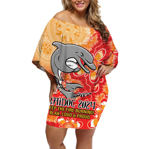 Personalised Dolphins NAIDOC Week 2024 Family Matching Off Shoulder Short Dress and Hawaiian Shirt Aboriginal Fire Burning Sparks