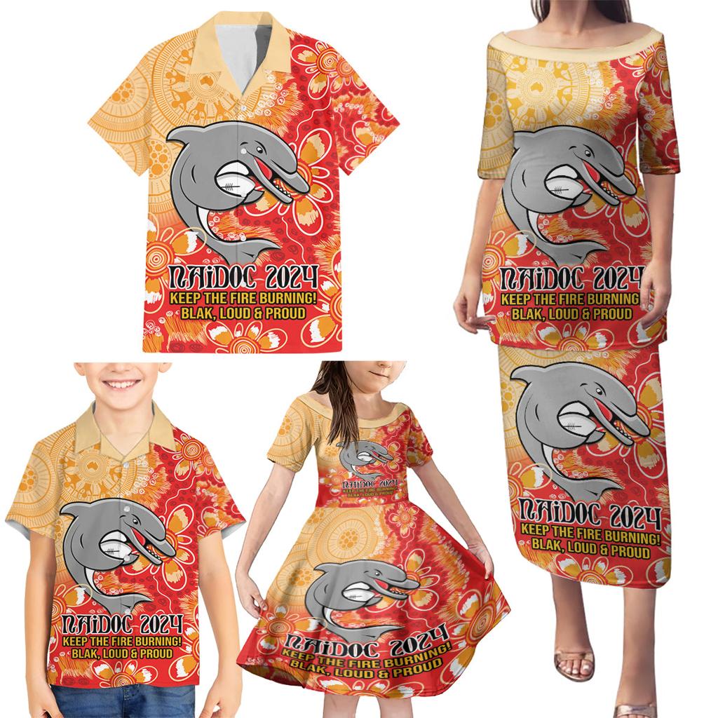 Personalised Dolphins NAIDOC Week 2024 Family Matching Puletasi and Hawaiian Shirt Aboriginal Fire Burning Sparks