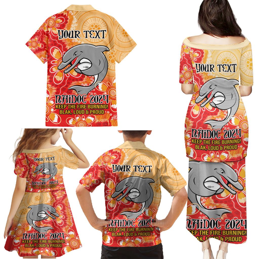 Personalised Dolphins NAIDOC Week 2024 Family Matching Puletasi and Hawaiian Shirt Aboriginal Fire Burning Sparks