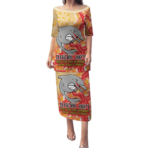 Personalised Dolphins NAIDOC Week 2024 Family Matching Puletasi and Hawaiian Shirt Aboriginal Fire Burning Sparks