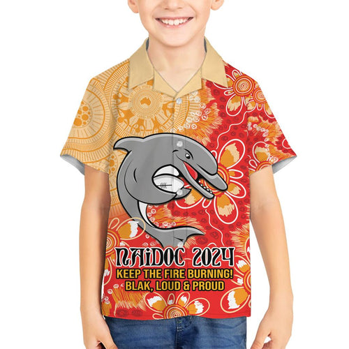 Personalised Dolphins NAIDOC Week 2024 Family Matching Puletasi and Hawaiian Shirt Aboriginal Fire Burning Sparks