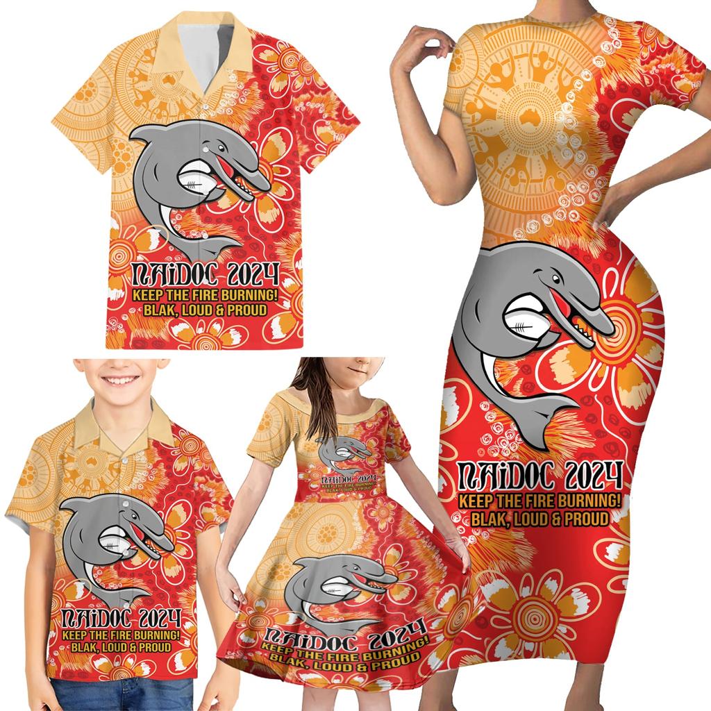 Personalised Dolphins NAIDOC Week 2024 Family Matching Short Sleeve Bodycon Dress and Hawaiian Shirt Aboriginal Fire Burning Sparks