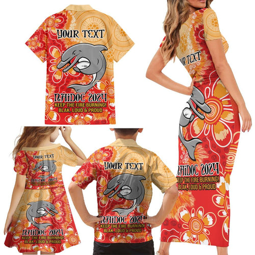Personalised Dolphins NAIDOC Week 2024 Family Matching Short Sleeve Bodycon Dress and Hawaiian Shirt Aboriginal Fire Burning Sparks