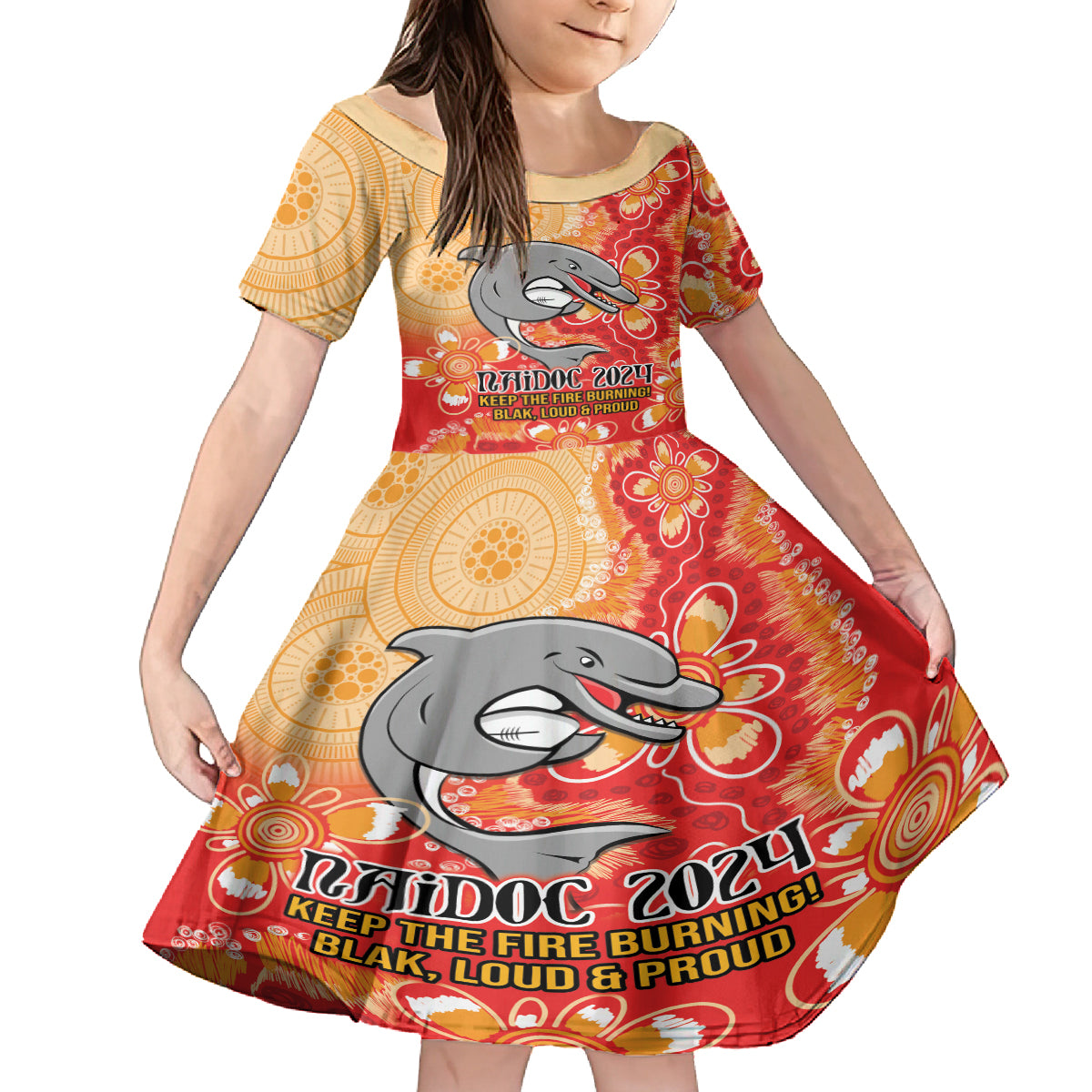 Personalised Dolphins NAIDOC Week 2024 Kid Short Sleeve Dress Aboriginal Fire Burning Sparks