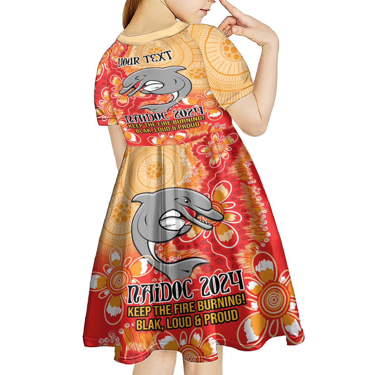 Personalised Dolphins NAIDOC Week 2024 Kid Short Sleeve Dress Aboriginal Fire Burning Sparks
