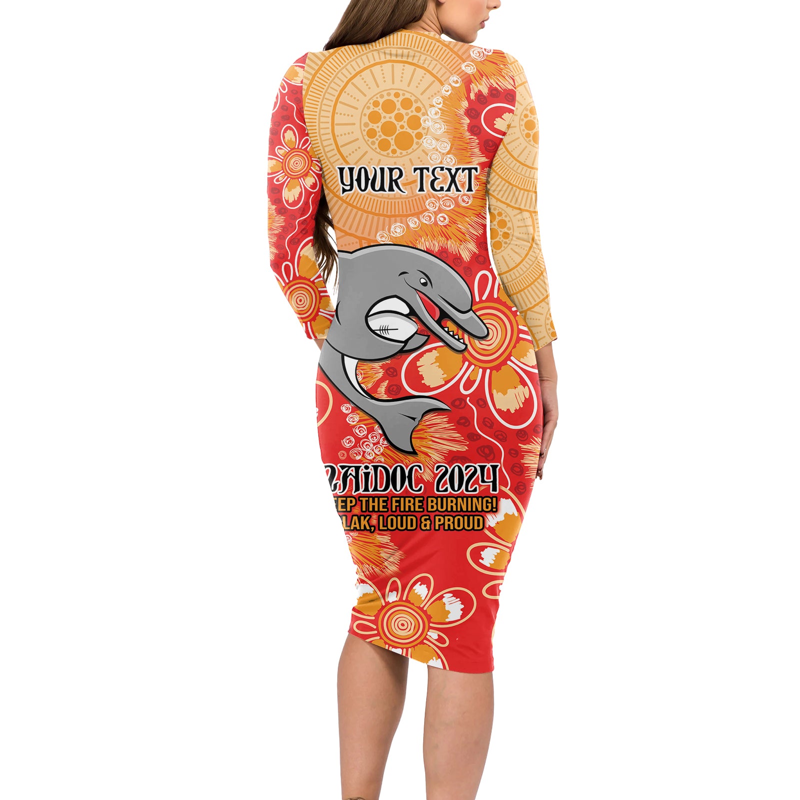 Personalised Dolphins NAIDOC Week 2024 Long Sleeve Bodycon Dress Aboriginal Fire Burning Sparks