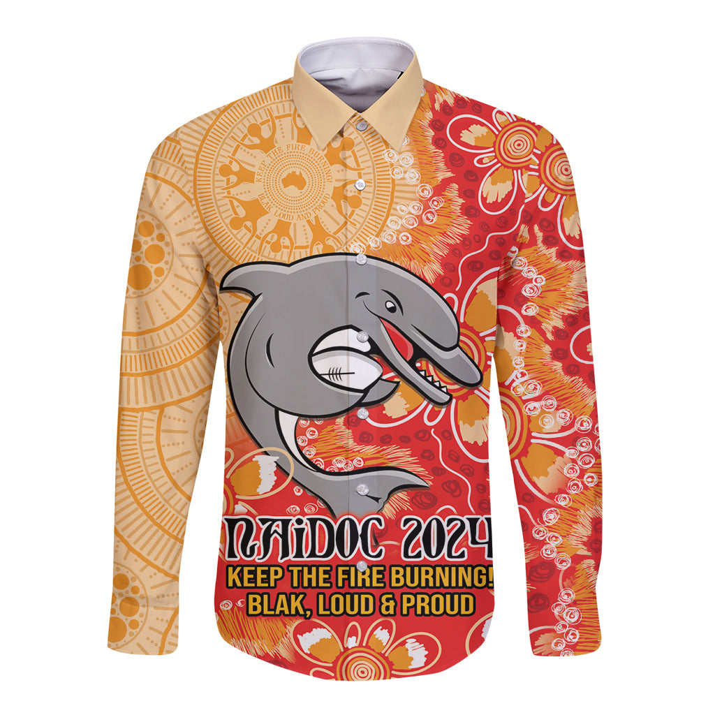 Personalised Dolphins NAIDOC Week 2024 Long Sleeve Button Shirt Aboriginal Fire Burning Sparks