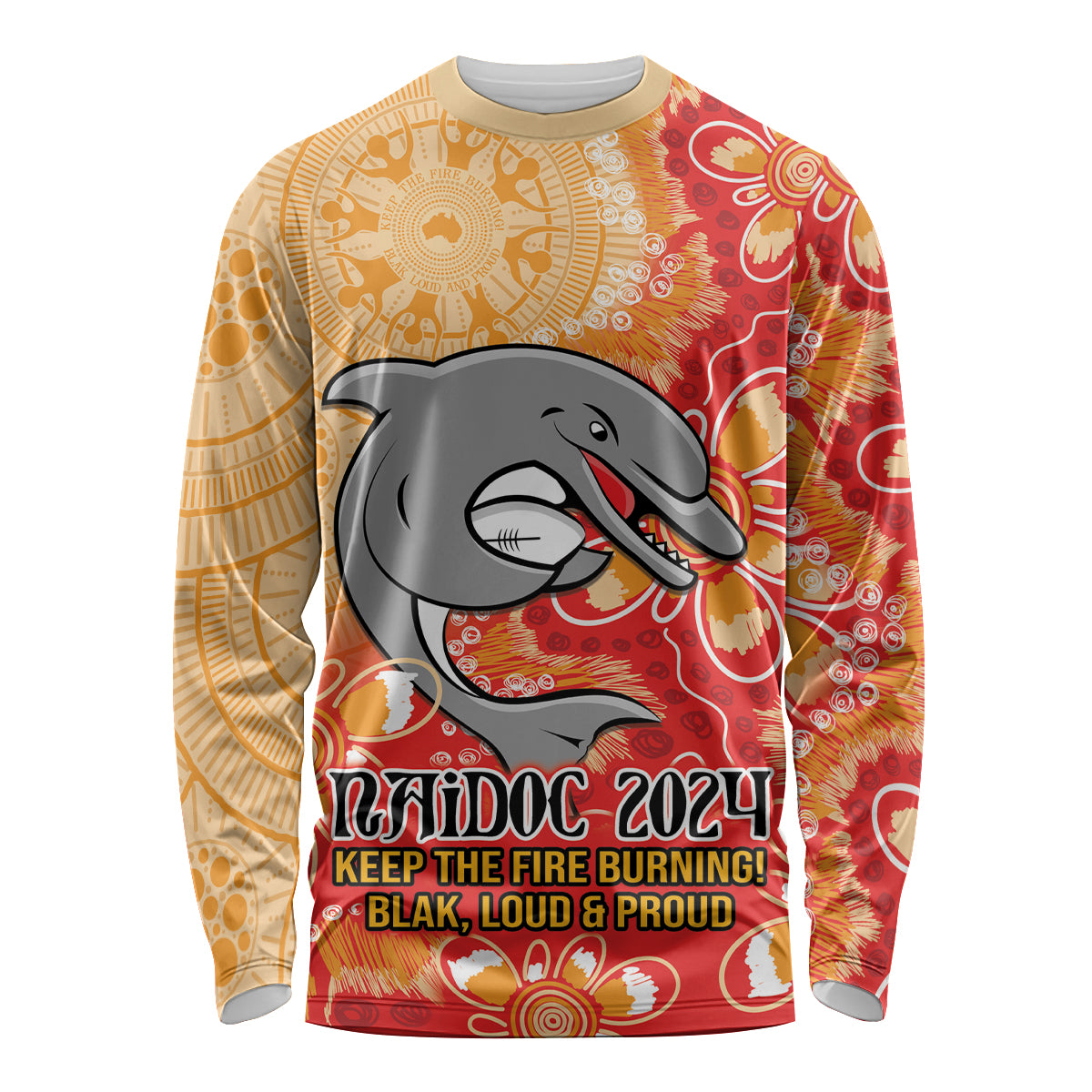 Personalised Dolphins NAIDOC Week 2024 Long Sleeve Shirt Aboriginal Fire Burning Sparks