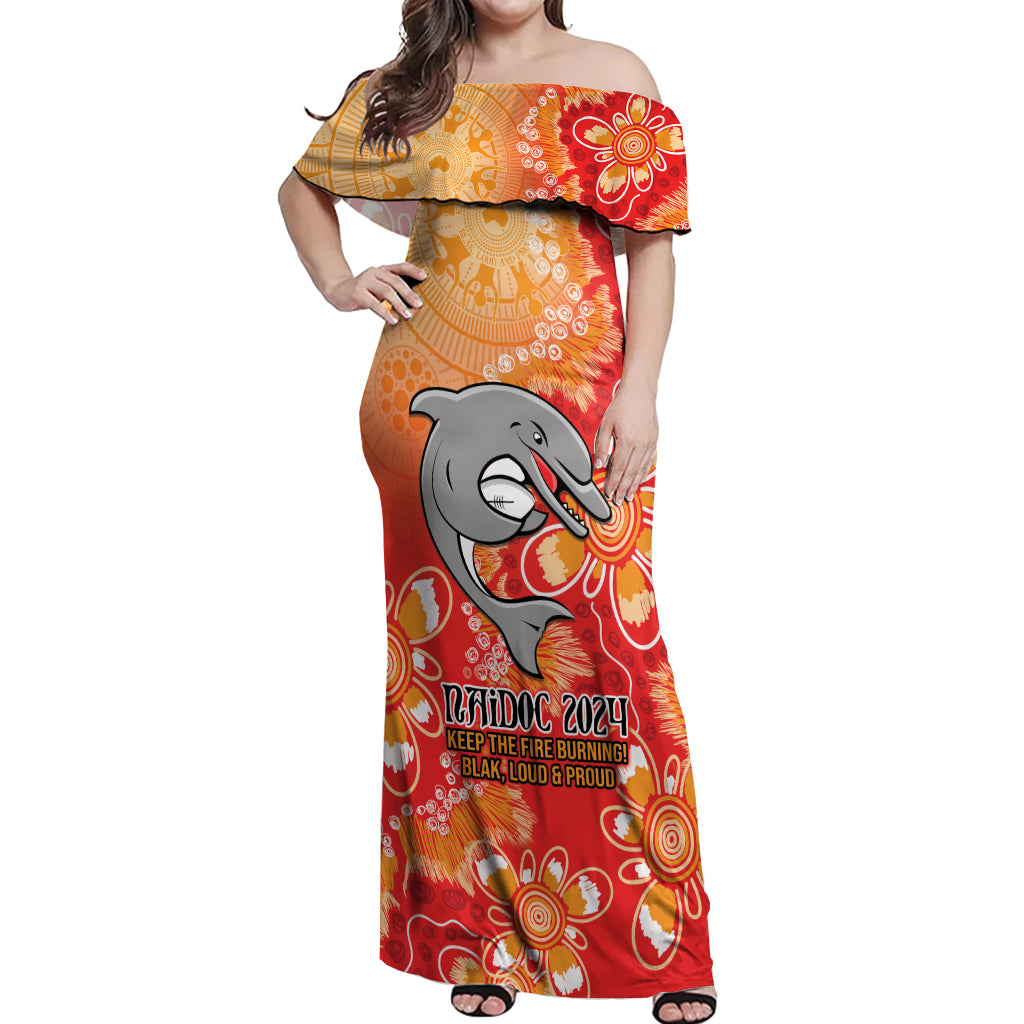 Personalised Dolphins NAIDOC Week 2024 Off Shoulder Maxi Dress Aboriginal Fire Burning Sparks