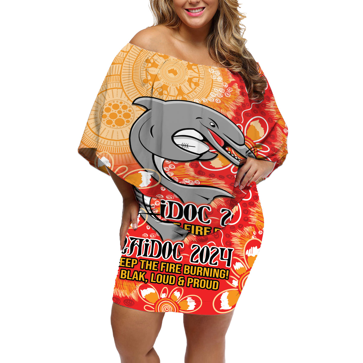 Personalised Dolphins NAIDOC Week 2024 Off Shoulder Short Dress Aboriginal Fire Burning Sparks