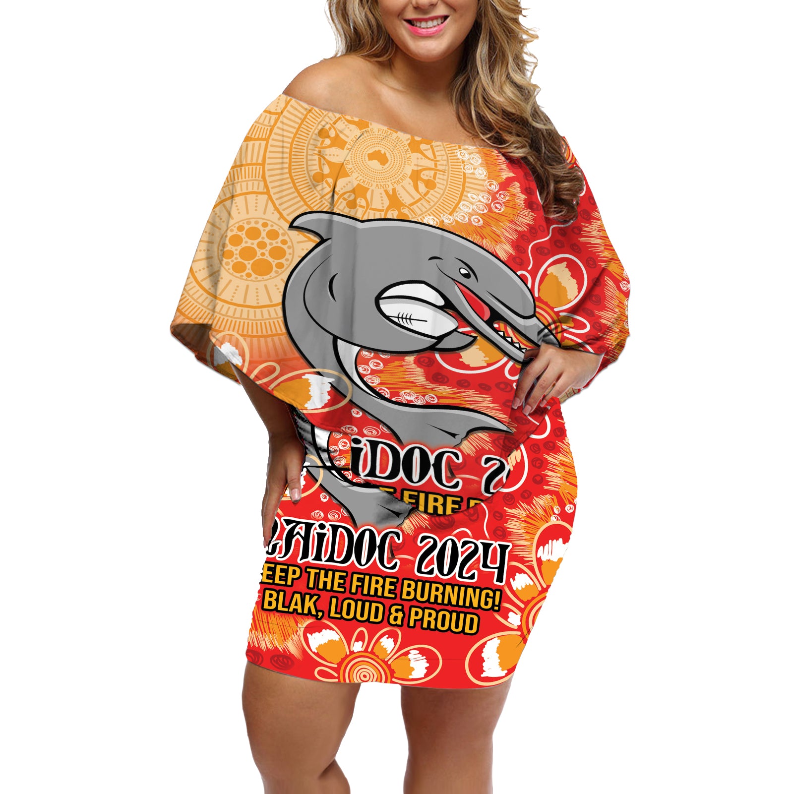 Personalised Dolphins NAIDOC Week 2024 Off Shoulder Short Dress Aboriginal Fire Burning Sparks