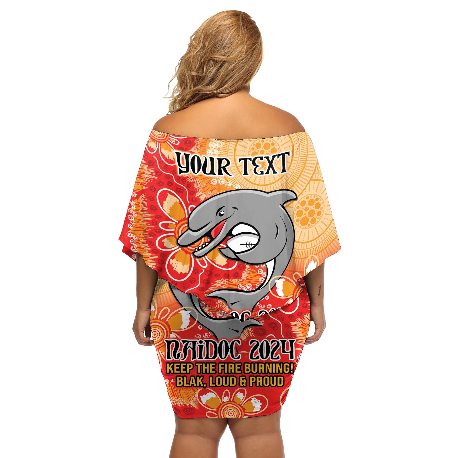 Personalised Dolphins NAIDOC Week 2024 Off Shoulder Short Dress Aboriginal Fire Burning Sparks