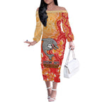 Personalised Dolphins NAIDOC Week 2024 Off The Shoulder Long Sleeve Dress Aboriginal Fire Burning Sparks