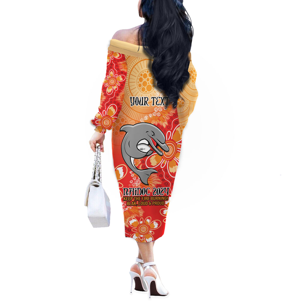 Personalised Dolphins NAIDOC Week 2024 Off The Shoulder Long Sleeve Dress Aboriginal Fire Burning Sparks