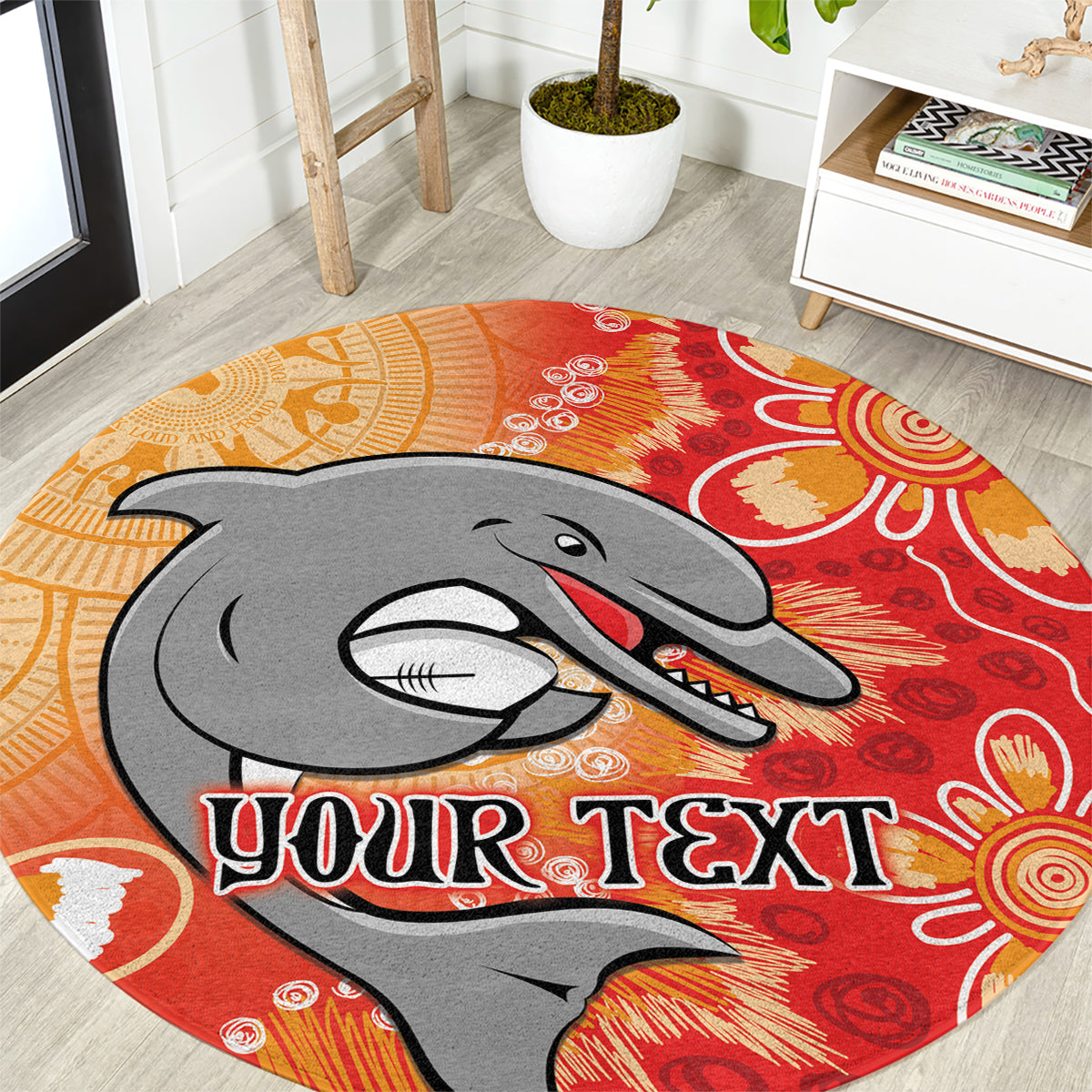 Personalised Dolphins NAIDOC Week 2024 Round Carpet Aboriginal Fire Burning Sparks