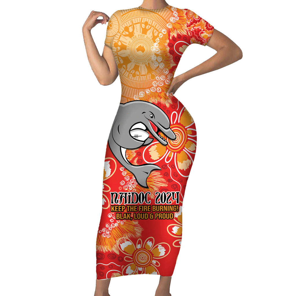 Personalised Dolphins NAIDOC Week 2024 Short Sleeve Bodycon Dress Aboriginal Fire Burning Sparks