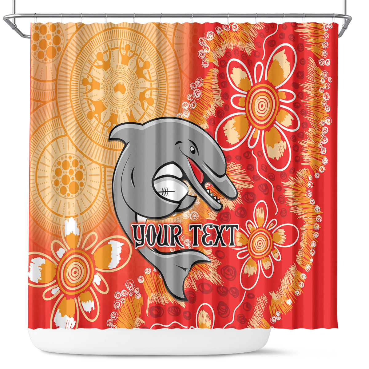 Personalised Dolphins NAIDOC Week 2024 Shower Curtain Aboriginal Fire Burning Sparks