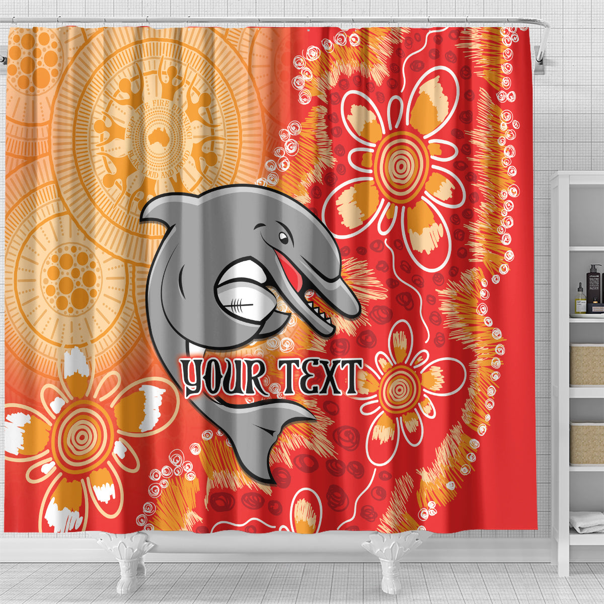 Personalised Dolphins NAIDOC Week 2024 Shower Curtain Aboriginal Fire Burning Sparks