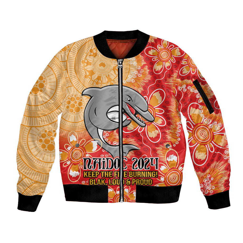 Personalised Dolphins NAIDOC Week 2024 Sleeve Zip Bomber Jacket Aboriginal Fire Burning Sparks