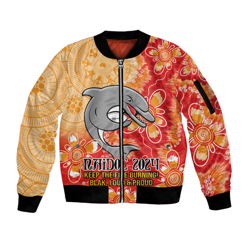 Personalised Dolphins NAIDOC Week 2024 Sleeve Zip Bomber Jacket Aboriginal Fire Burning Sparks