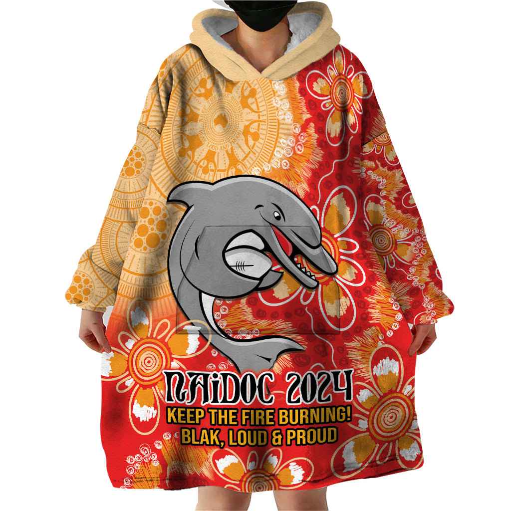 Personalised Dolphins NAIDOC Week 2024 Wearable Blanket Hoodie Aboriginal Fire Burning Sparks