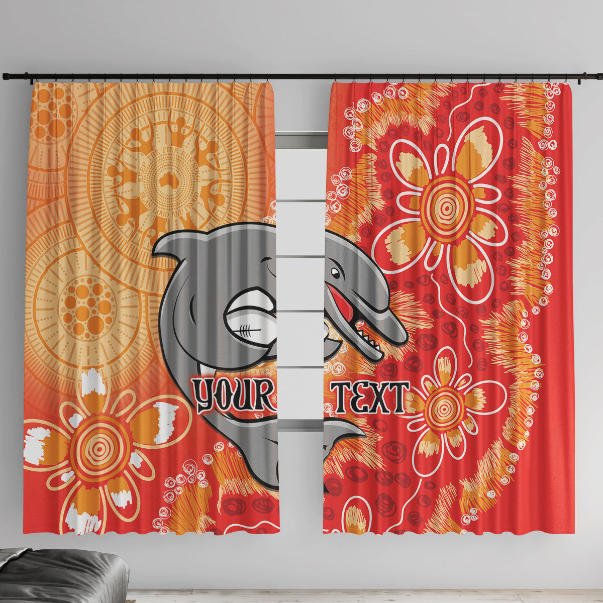 Personalised Dolphins NAIDOC Week 2024 Window Curtain Aboriginal Fire Burning Sparks