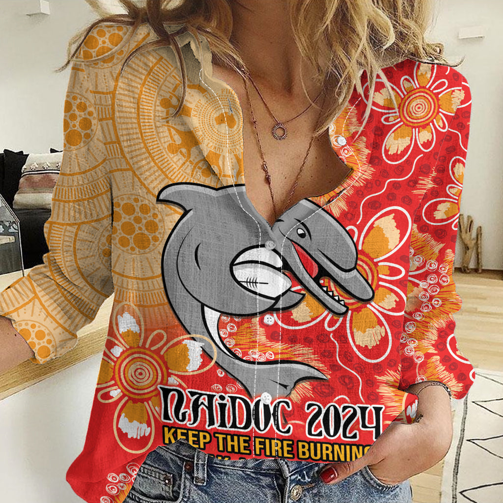 Personalised Dolphins NAIDOC Week 2024 Women Casual Shirt Aboriginal Fire Burning Sparks