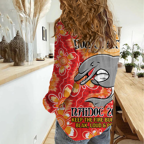 Personalised Dolphins NAIDOC Week 2024 Women Casual Shirt Aboriginal Fire Burning Sparks