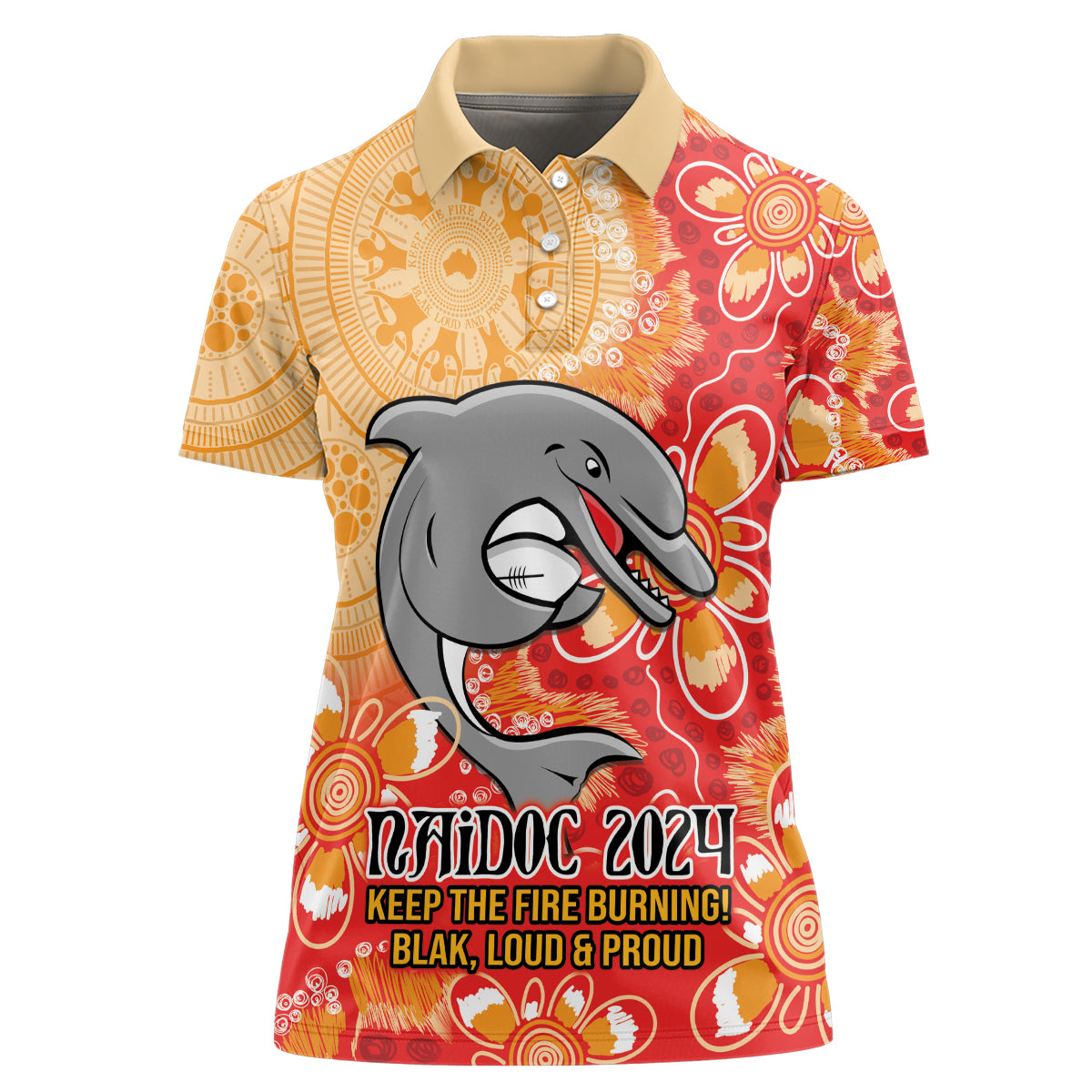 Personalised Dolphins NAIDOC Week 2024 Women Polo Shirt Aboriginal Fire Burning Sparks