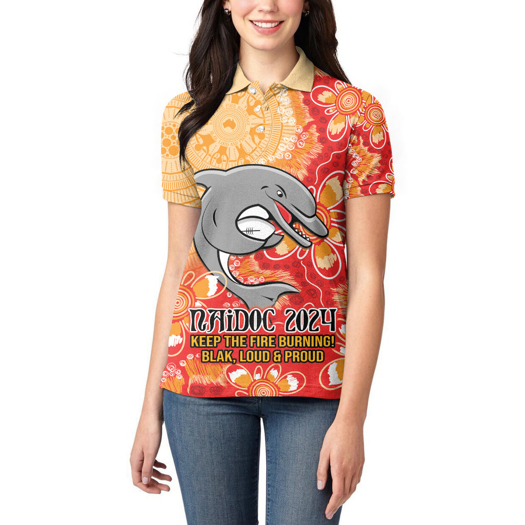 Personalised Dolphins NAIDOC Week 2024 Women Polo Shirt Aboriginal Fire Burning Sparks