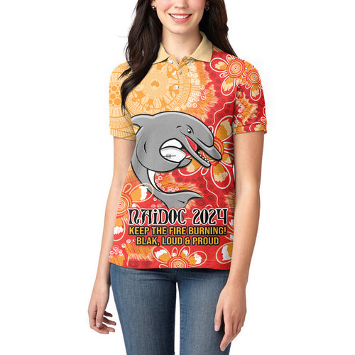 Personalised Dolphins NAIDOC Week 2024 Women Polo Shirt Aboriginal Fire Burning Sparks