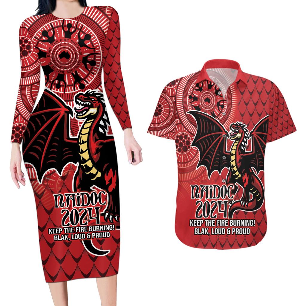 Personalised Dragons NAIDOC Week 2024 Couples Matching Long Sleeve Bodycon Dress and Hawaiian Shirt Aboriginal Fire Burning Sparks