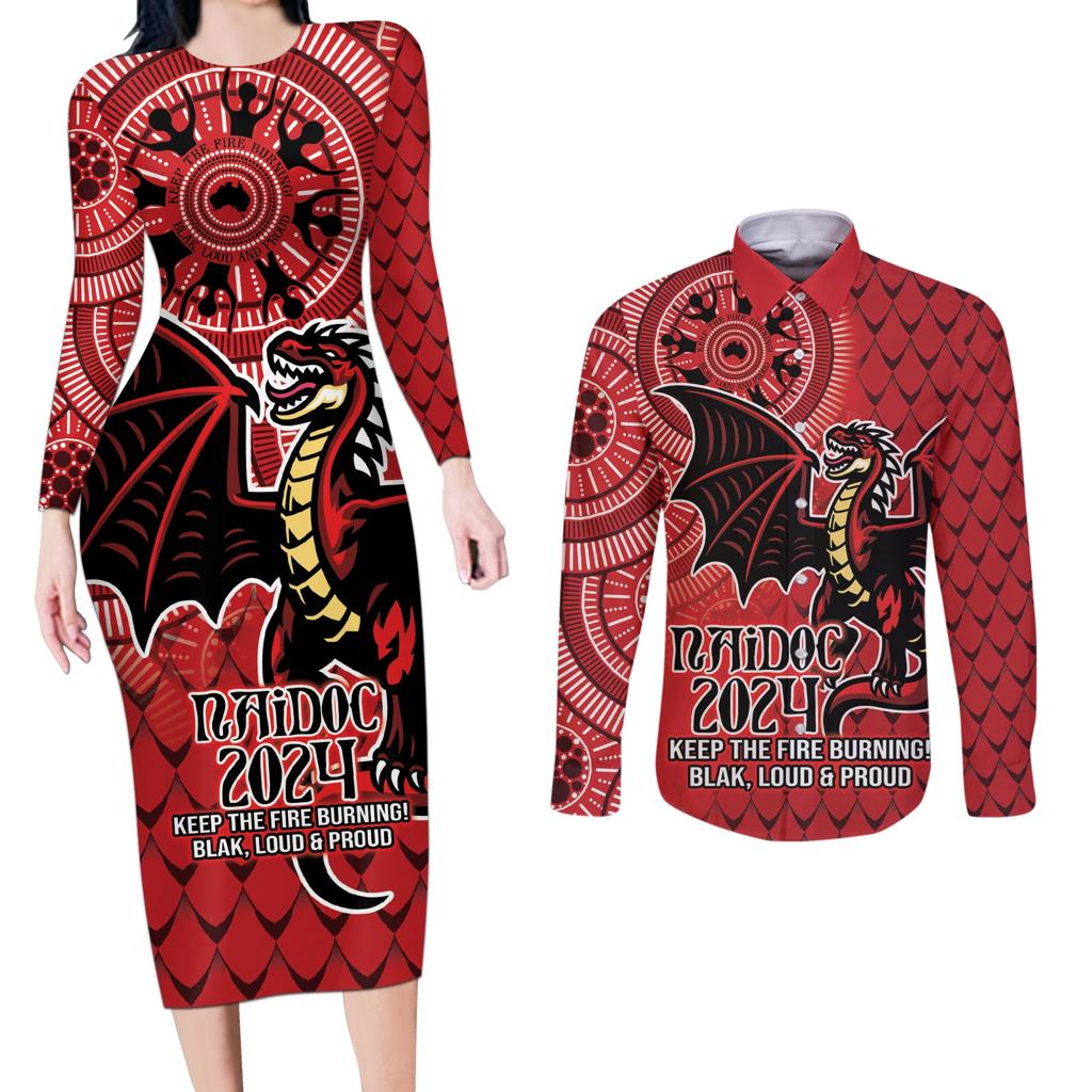 Personalised Dragons NAIDOC Week 2024 Couples Matching Long Sleeve Bodycon Dress and Long Sleeve Button Shirt Aboriginal Fire Burning Sparks