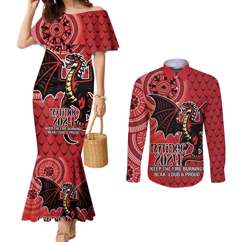 Personalised Dragons NAIDOC Week 2024 Couples Matching Mermaid Dress and Long Sleeve Button Shirt Aboriginal Fire Burning Sparks