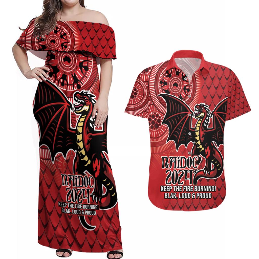 Personalised Dragons NAIDOC Week 2024 Couples Matching Off Shoulder Maxi Dress and Hawaiian Shirt Aboriginal Fire Burning Sparks