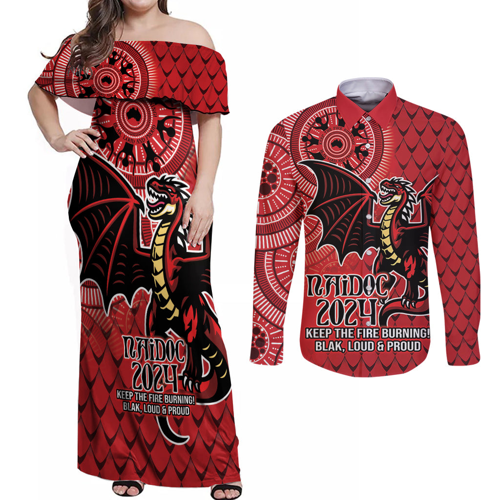 Personalised Dragons NAIDOC Week 2024 Couples Matching Off Shoulder Maxi Dress and Long Sleeve Button Shirt Aboriginal Fire Burning Sparks