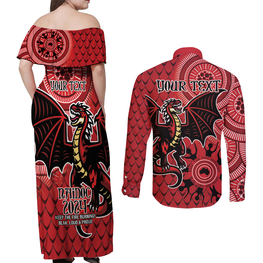 Personalised Dragons NAIDOC Week 2024 Couples Matching Off Shoulder Maxi Dress and Long Sleeve Button Shirt Aboriginal Fire Burning Sparks